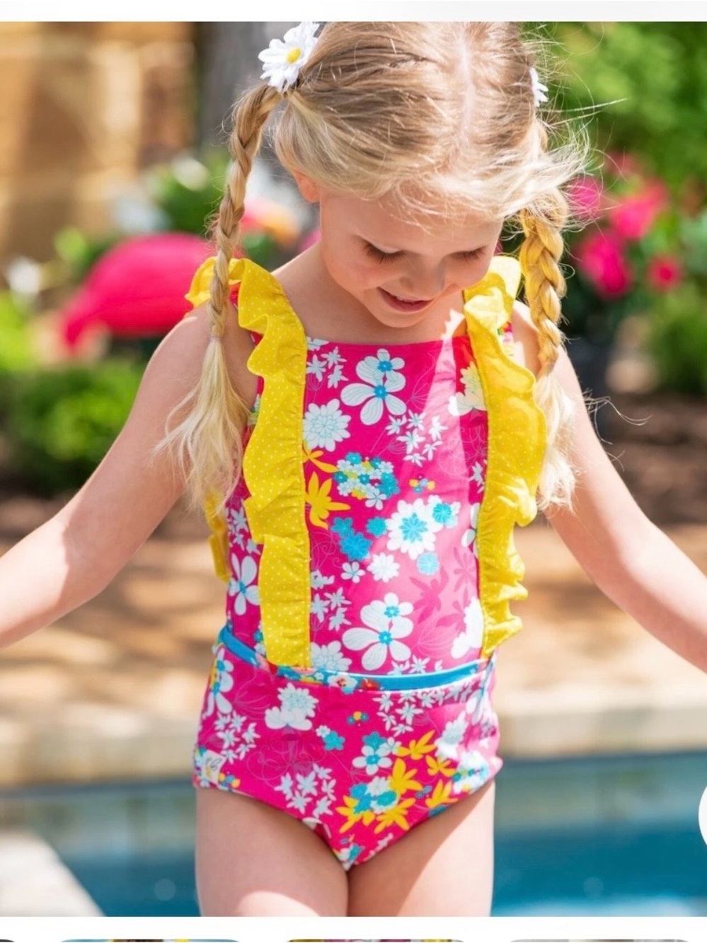 Wildflowers Bright Pink Floral One-Piece Swimsuit with Yellow Ruffle Straps